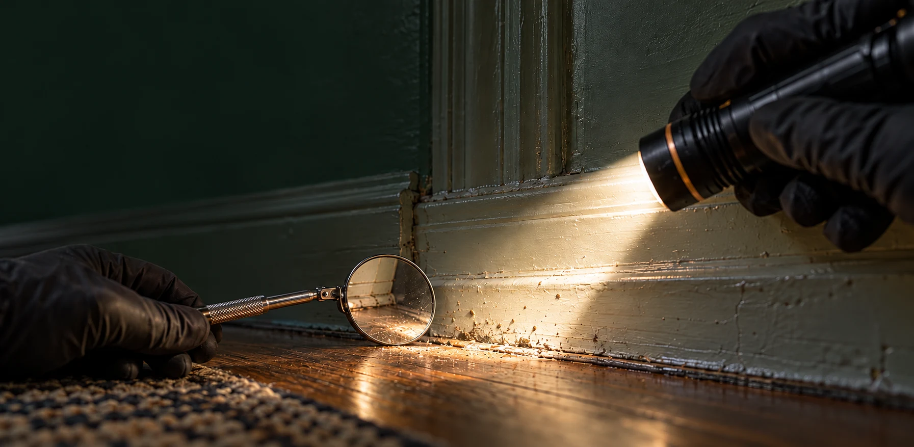 Inspection d’une plinthe à la lampe et au miroir